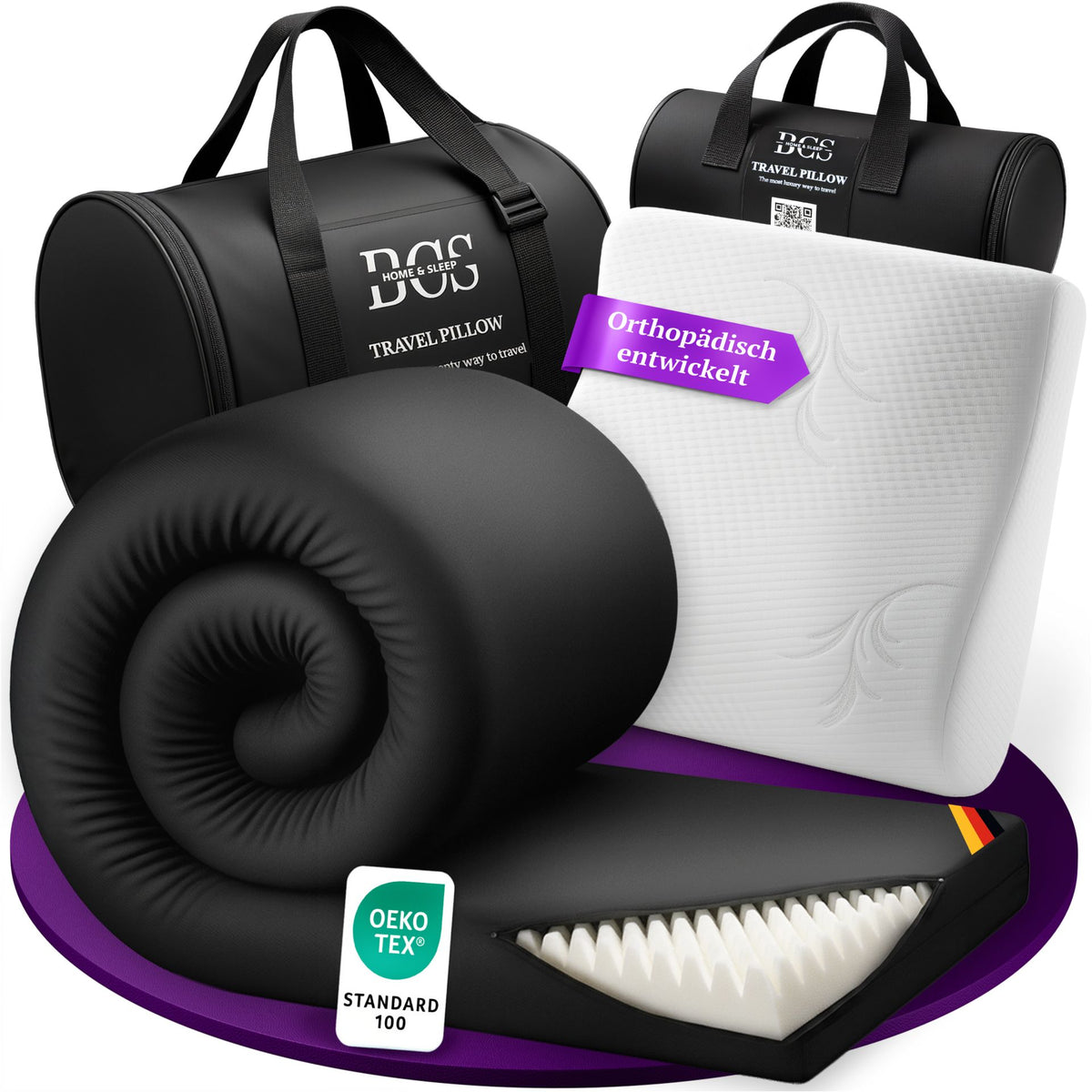 BCSHome Reise-Set – 2-teilig mit Viscoschaum Reisetopper und ergonomischem Memory-Foam Nackenkissen (50x30cm)