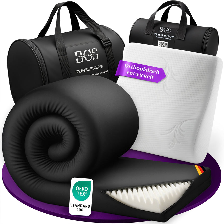 BCSHome Reise-Set – 2-teilig mit Viscoschaum Reisetopper und ergonomischem Memory-Foam Nackenkissen (50x30cm)